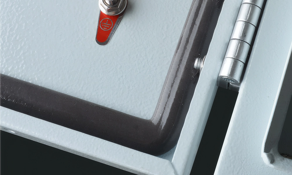 PV combiner box high-density sealing strip – weatherproof rubber door gasket installed on enclosure frame, providing dust-tight and water-resistant sealing for IP65 outdoor rated electrical enclosure